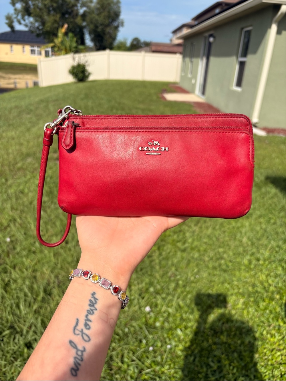 Coach Red Leather Wristlet Clutch with Silver Logo